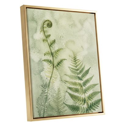 Fernlight Reverie, green, beige, white nature wall art shown as a gold framed canvas wall art