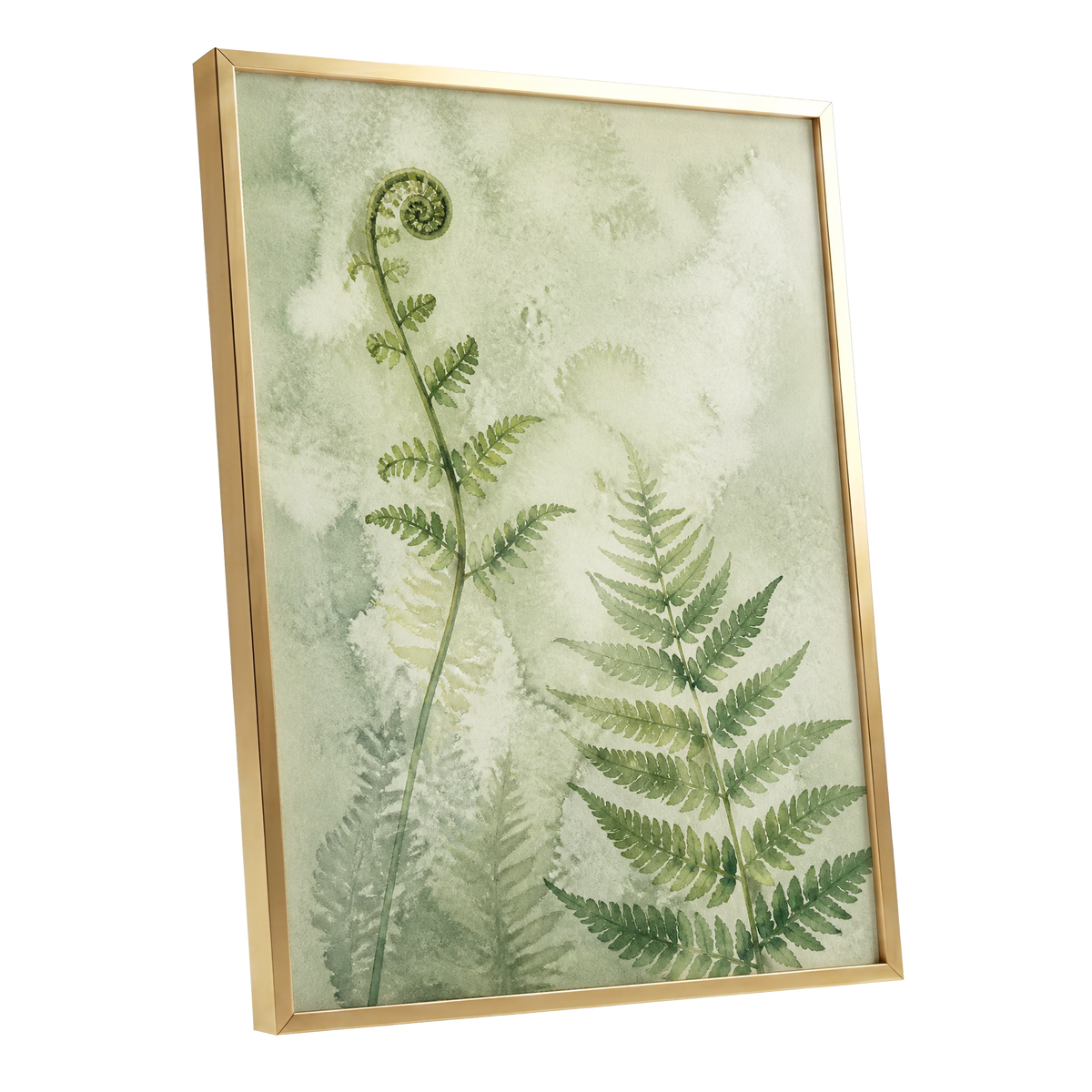 Fernlight Reverie, green, beige, white nature wall art shown as a gold framed poster wall art print