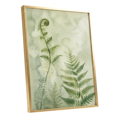 Fernlight Reverie, green, beige, white nature wall art shown as a gold framed poster wall art print