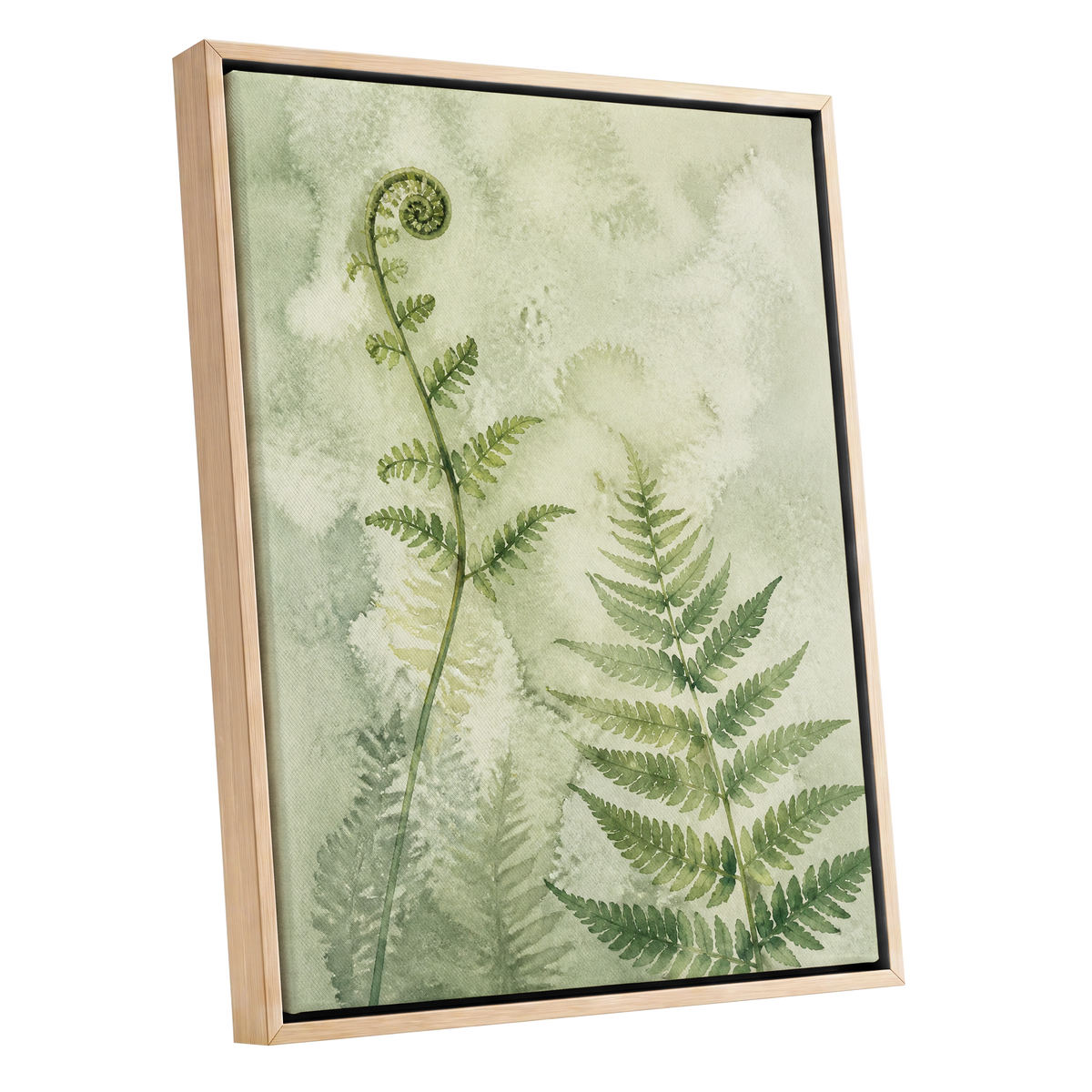 Fernlight Reverie, green, beige, white nature wall art shown as a oak framed canvas wall art