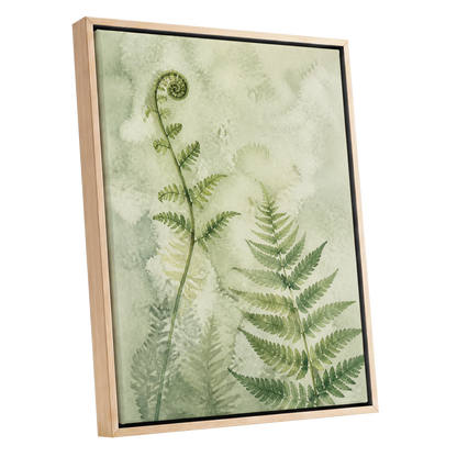Fernlight Reverie, green, beige, white nature wall art shown as a oak framed canvas wall art