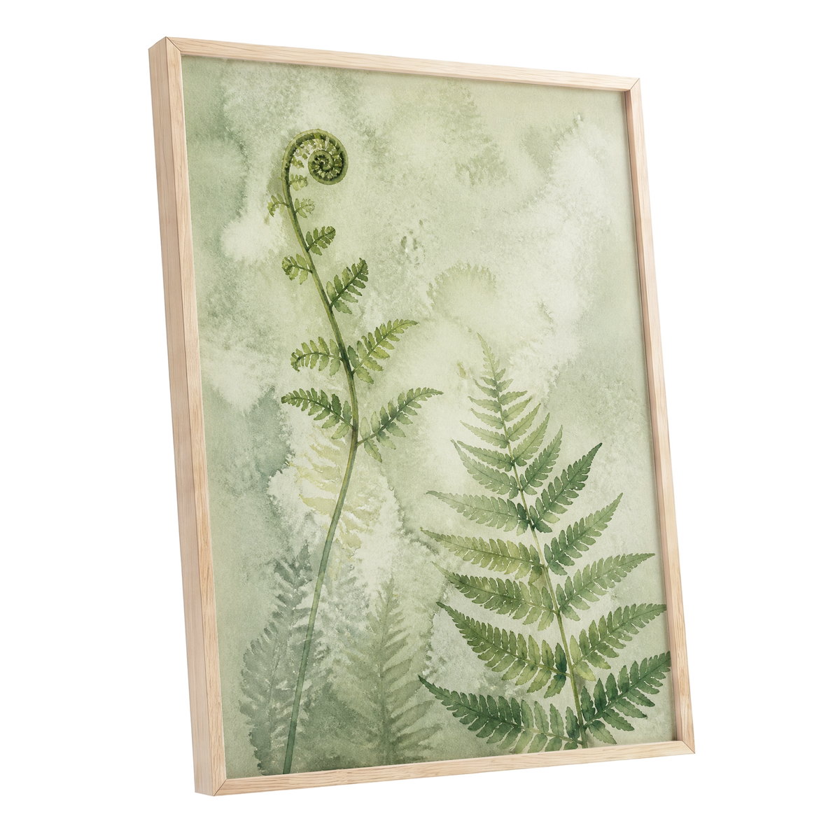 Fernlight Reverie, green, beige, white nature wall art shown as a oak framed poster wall art print