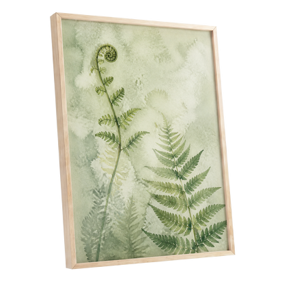 Fernlight Reverie, green, beige, white nature wall art shown as a oak framed poster wall art print