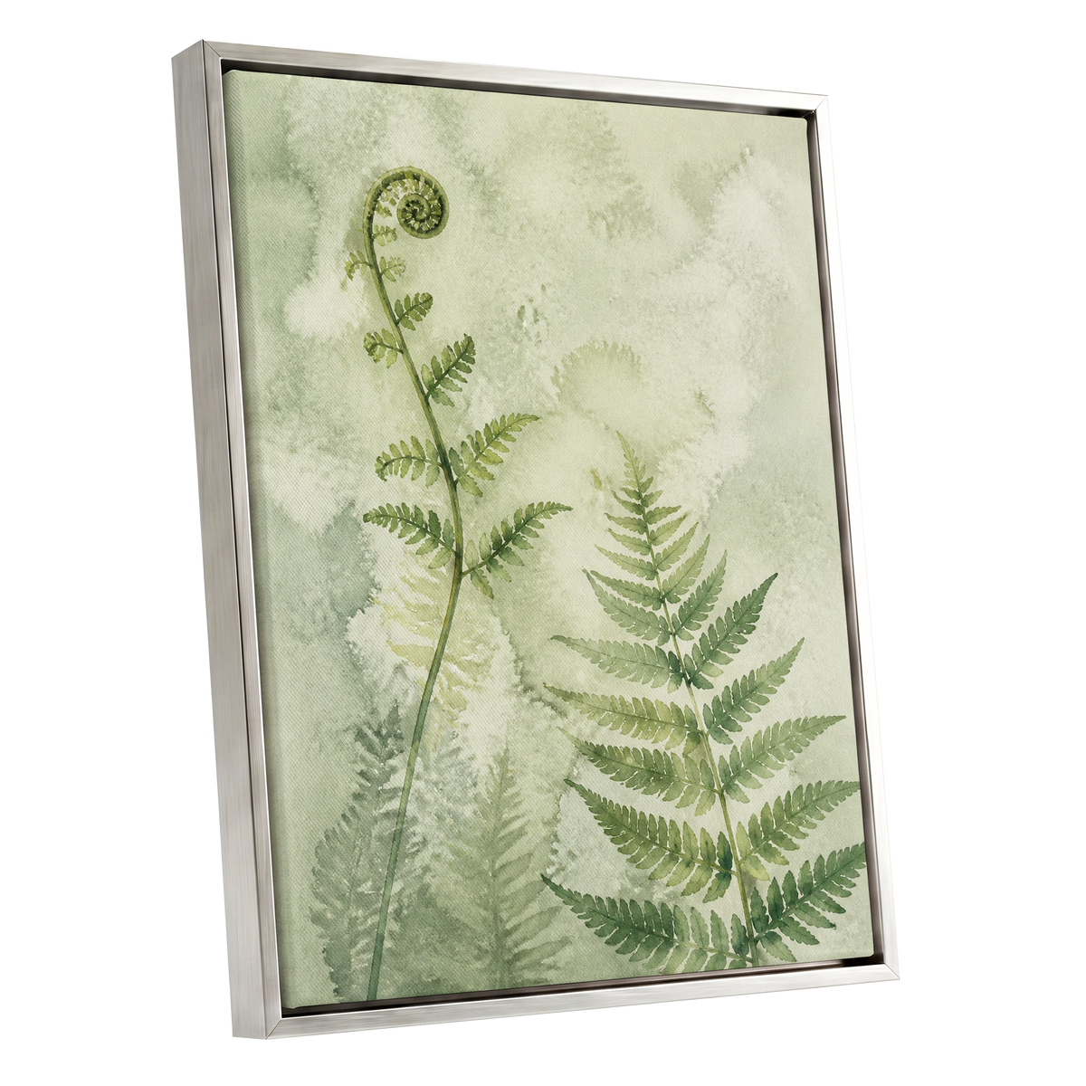 Fernlight Reverie, green, beige, white nature wall art shown as a silver framed canvas wall art