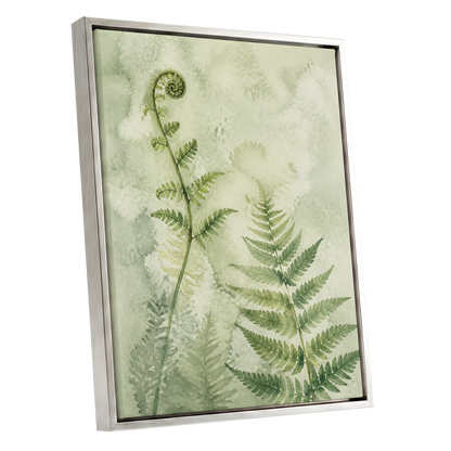 Fernlight Reverie, green, beige, white nature wall art shown as a silver framed canvas wall art