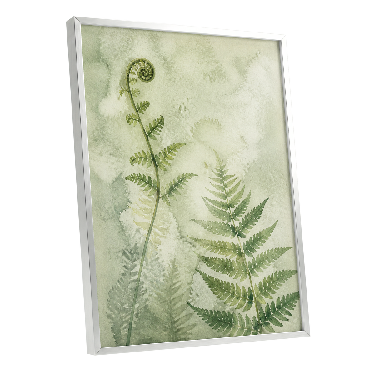 Fernlight Reverie, green, beige, white nature wall art shown as a silver framed poster wall art print