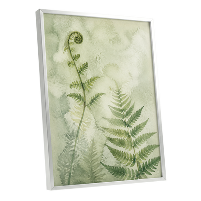 Fernlight Reverie, green, beige, white nature wall art shown as a silver framed poster wall art print