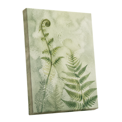 Fernlight Reverie, green, beige, white nature wall art shown as a stretched canvas wall art