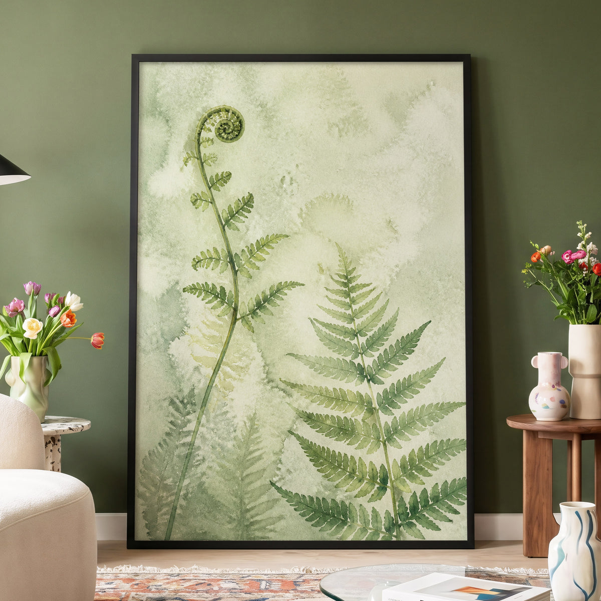 Fernlight Reverie, green, beige, white nature wall art displayed in a styled interior, gallery view 2