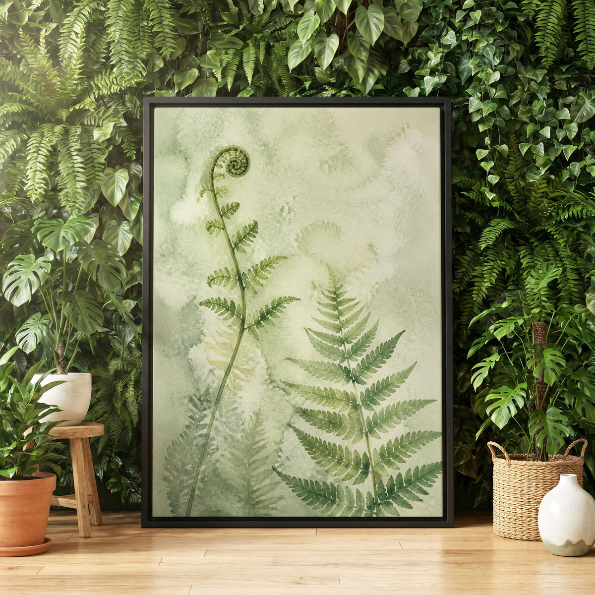 Fernlight Reverie, green, beige, white nature wall art displayed in a styled interior, gallery view 4