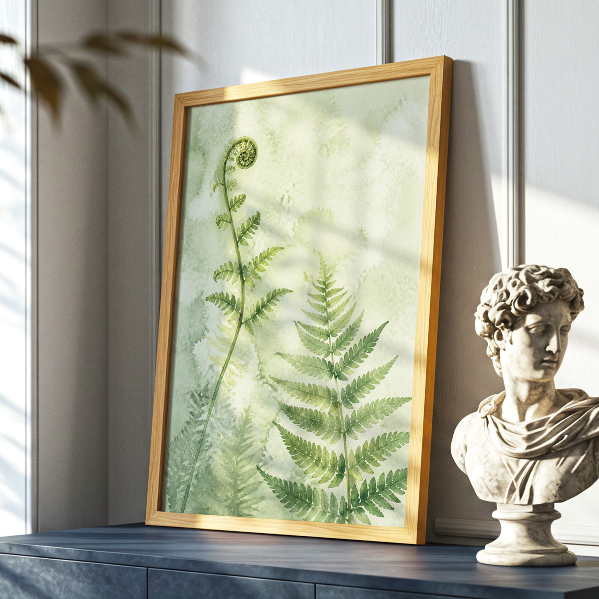 Fernlight Reverie, green, beige, white nature wall art displayed in a styled interior, gallery view 6