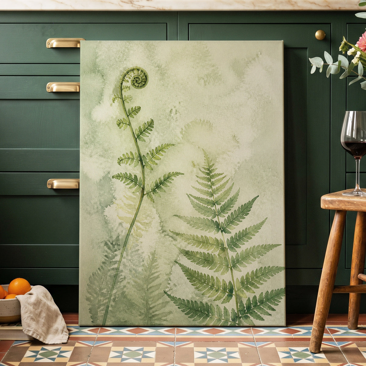 Fernlight Reverie, green, beige, white nature wall art displayed in a styled interior, gallery view 7