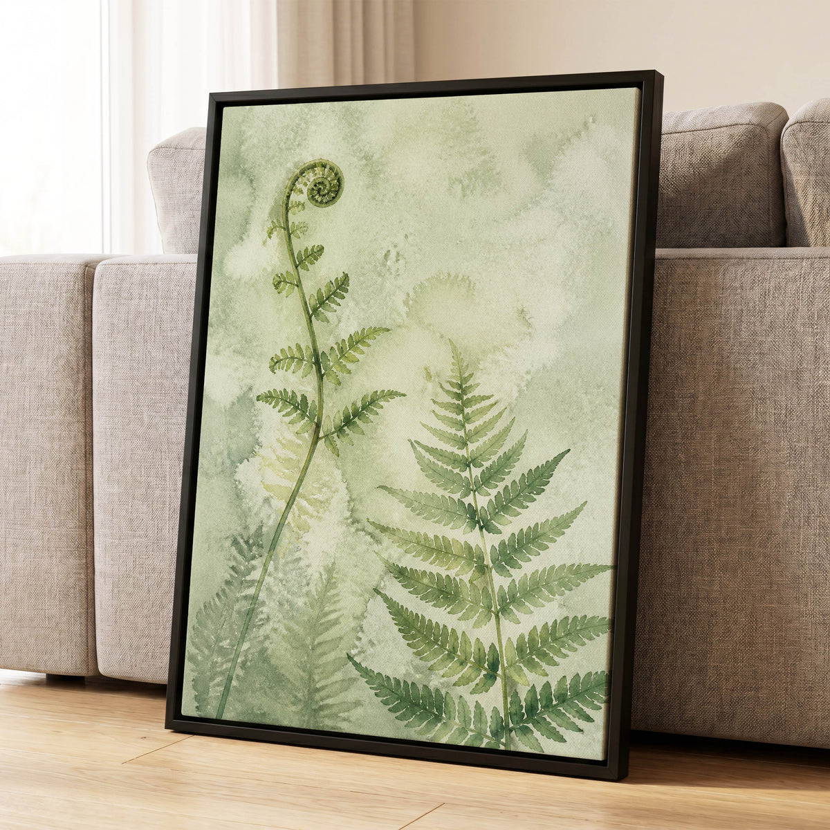 Fernlight Reverie, green, beige, white nature wall art displayed in a styled interior, gallery view 8