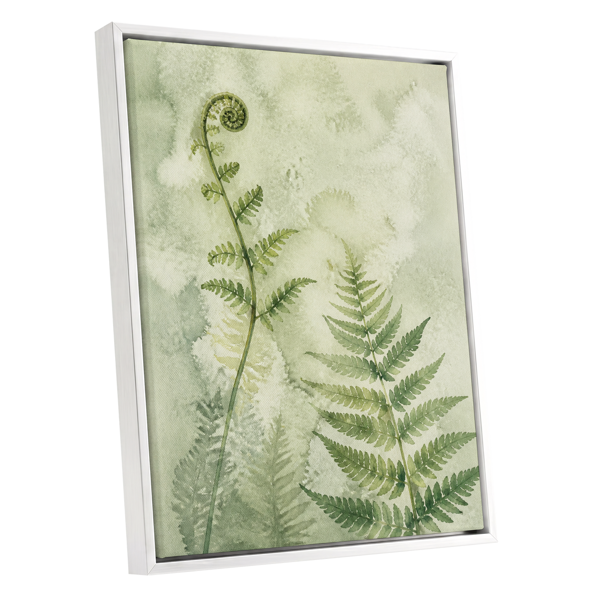 Fernlight Reverie, green, beige, white nature wall art shown as a white framed canvas wall art