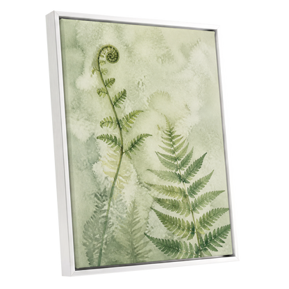 Fernlight Reverie, green, beige, white nature wall art shown as a white framed canvas wall art