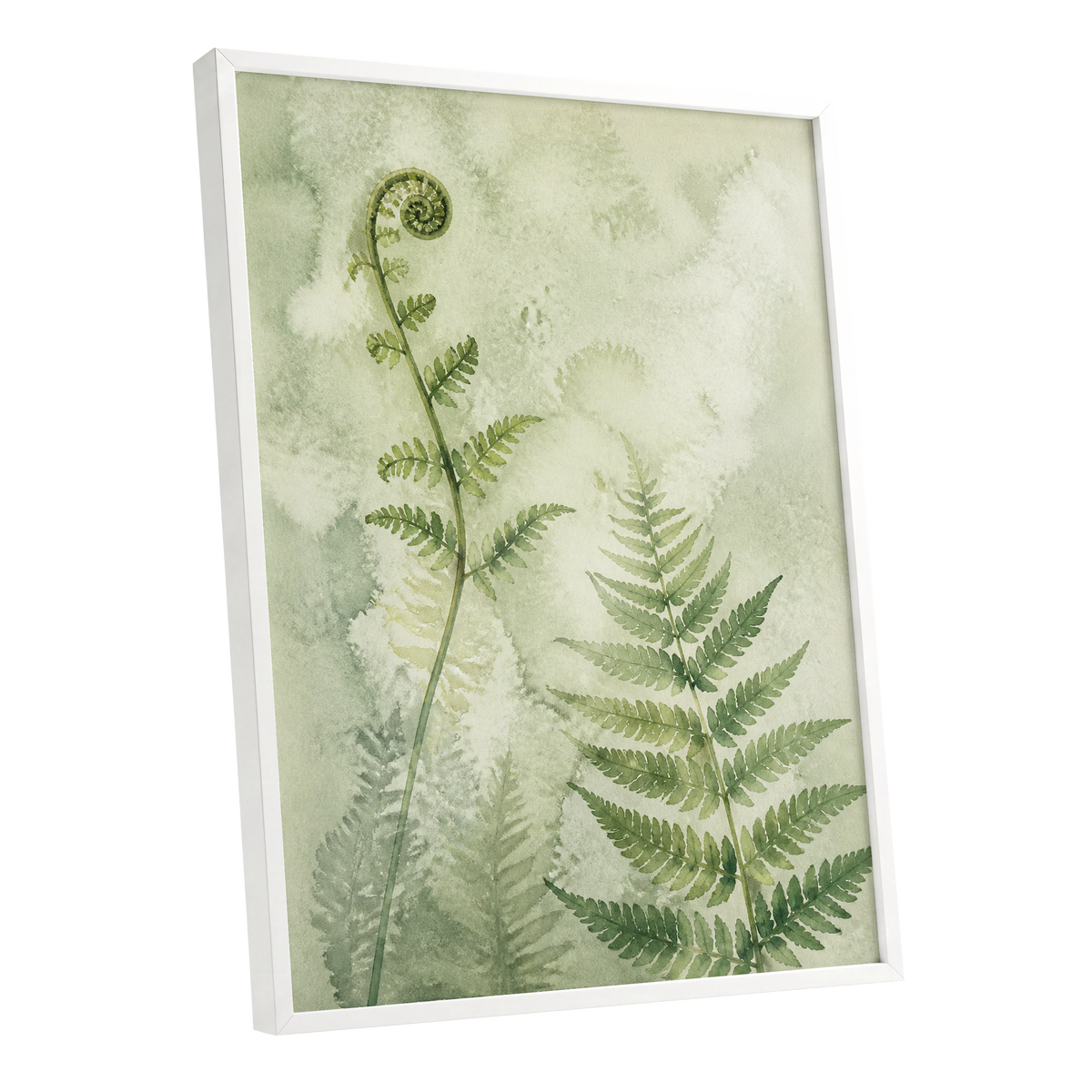 Fernlight Reverie, green, beige, white nature wall art shown as a white framed poster wall art print