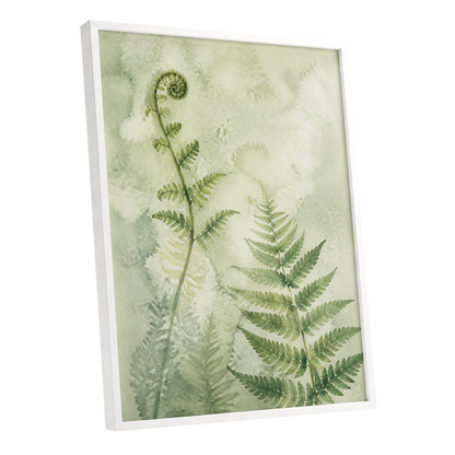 Fernlight Reverie, green, beige, white nature wall art shown as a white framed poster wall art print