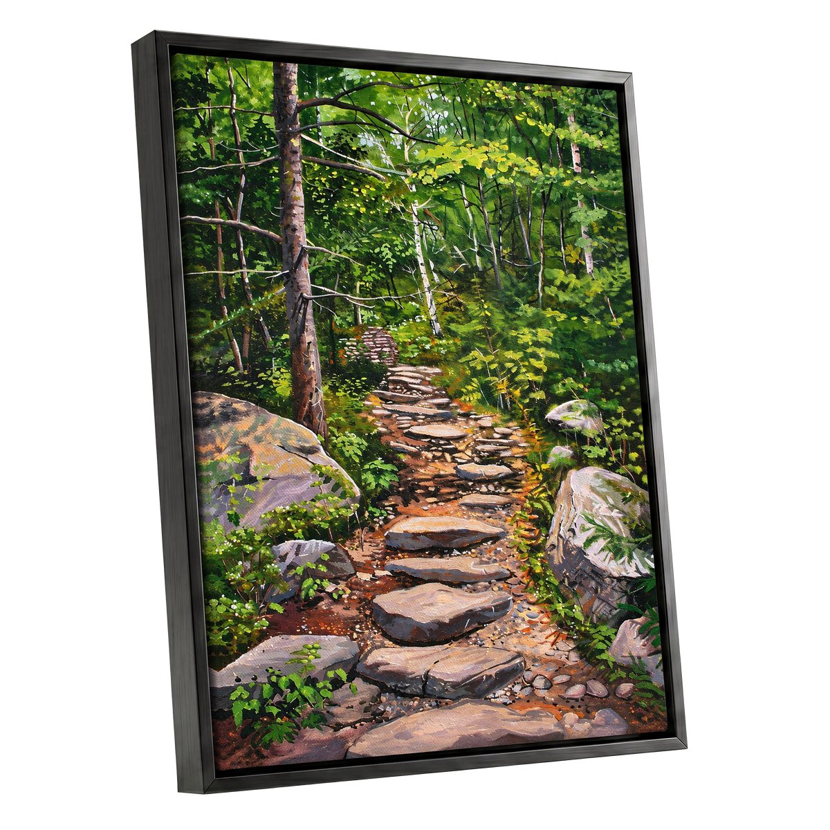 Fernlit Footpath, green, brown, gray nature wall art shown as a black framed canvas wall art