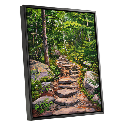 Fernlit Footpath, green, brown, gray nature wall art shown as a black framed canvas wall art