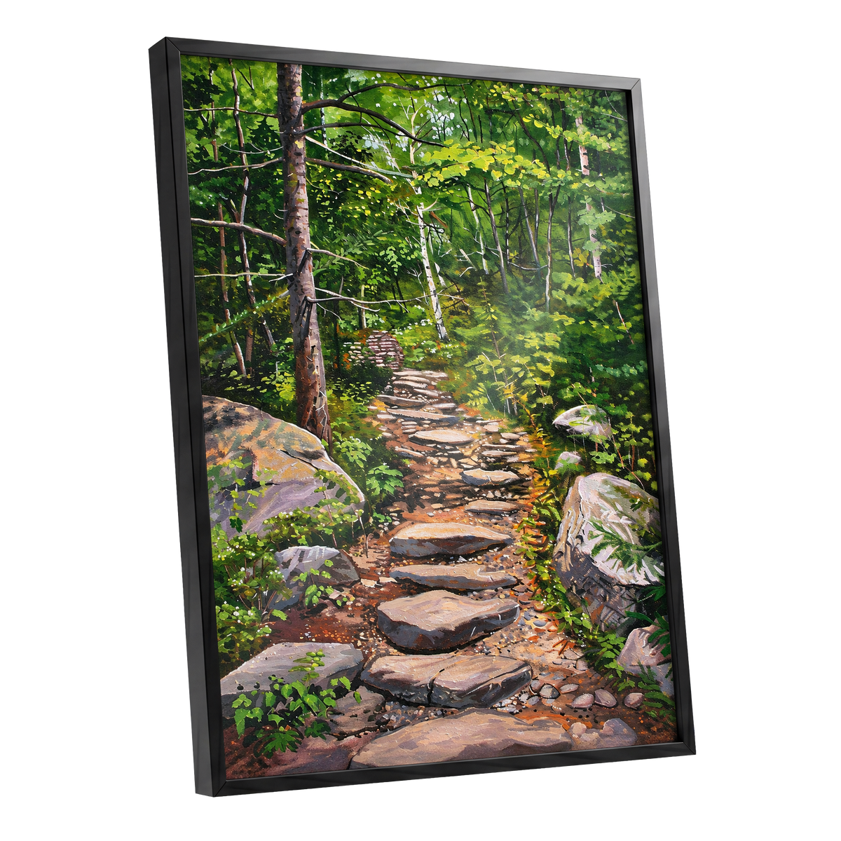 Fernlit Footpath, green, brown, gray nature wall art shown as a black framed poster wall art print