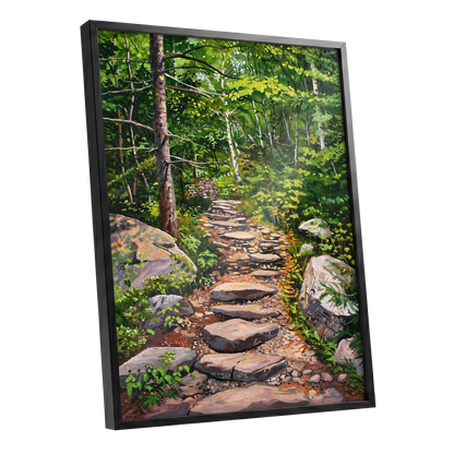 Fernlit Footpath, green, brown, gray nature wall art shown as a black framed poster wall art print