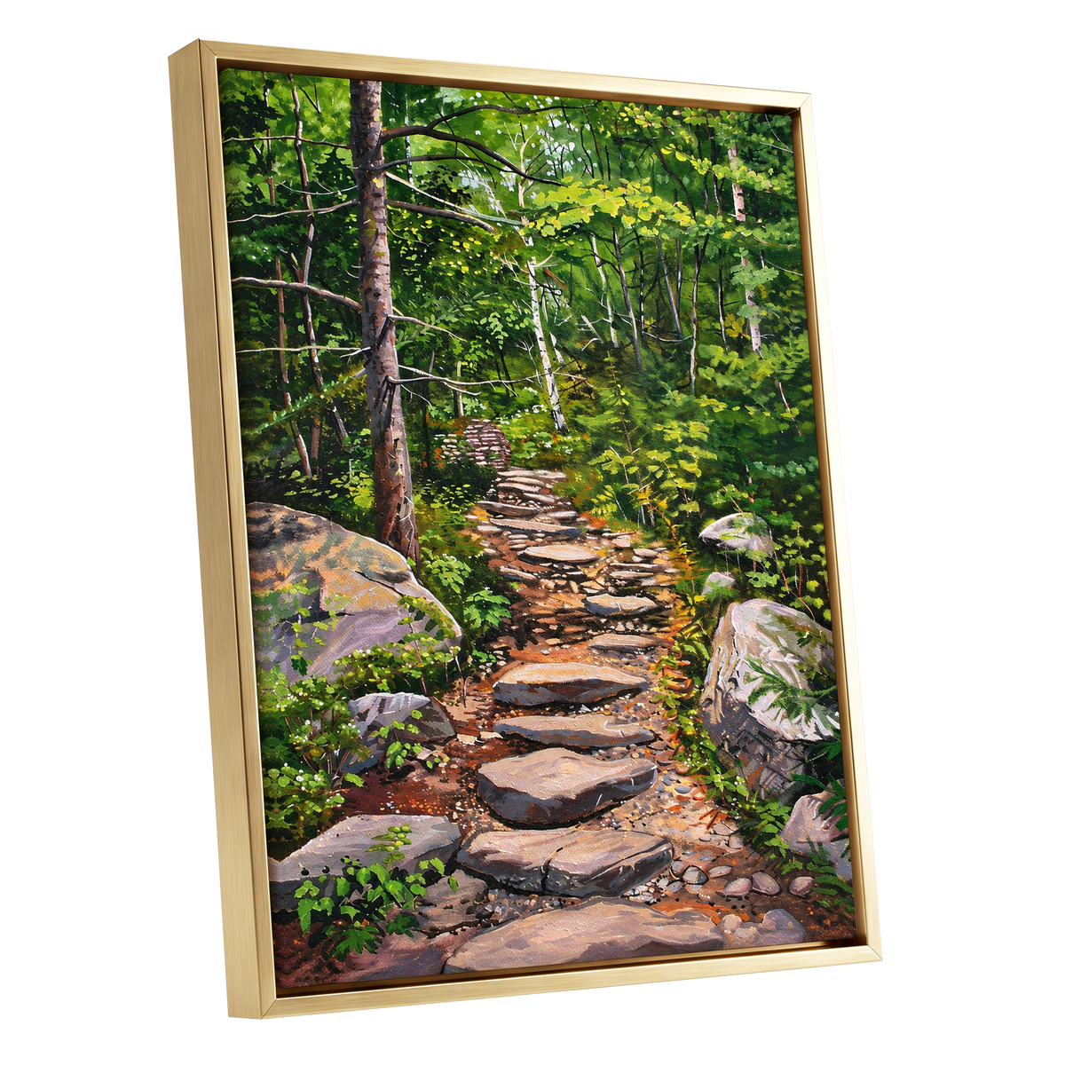 Fernlit Footpath, green, brown, gray nature wall art shown as a gold framed canvas wall art
