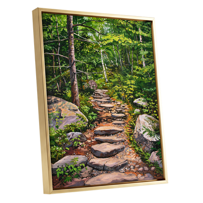 Fernlit Footpath, green, brown, gray nature wall art shown as a gold framed canvas wall art