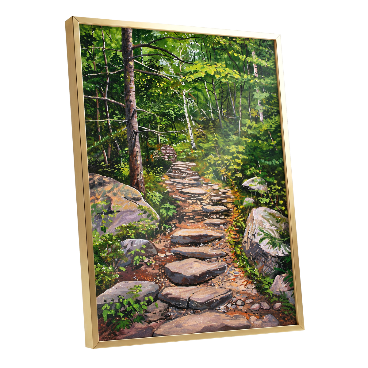 Fernlit Footpath, green, brown, gray nature wall art shown as a gold framed poster wall art print