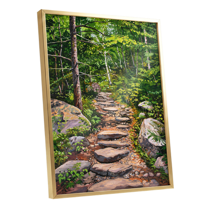 Fernlit Footpath, green, brown, gray nature wall art shown as a gold framed poster wall art print