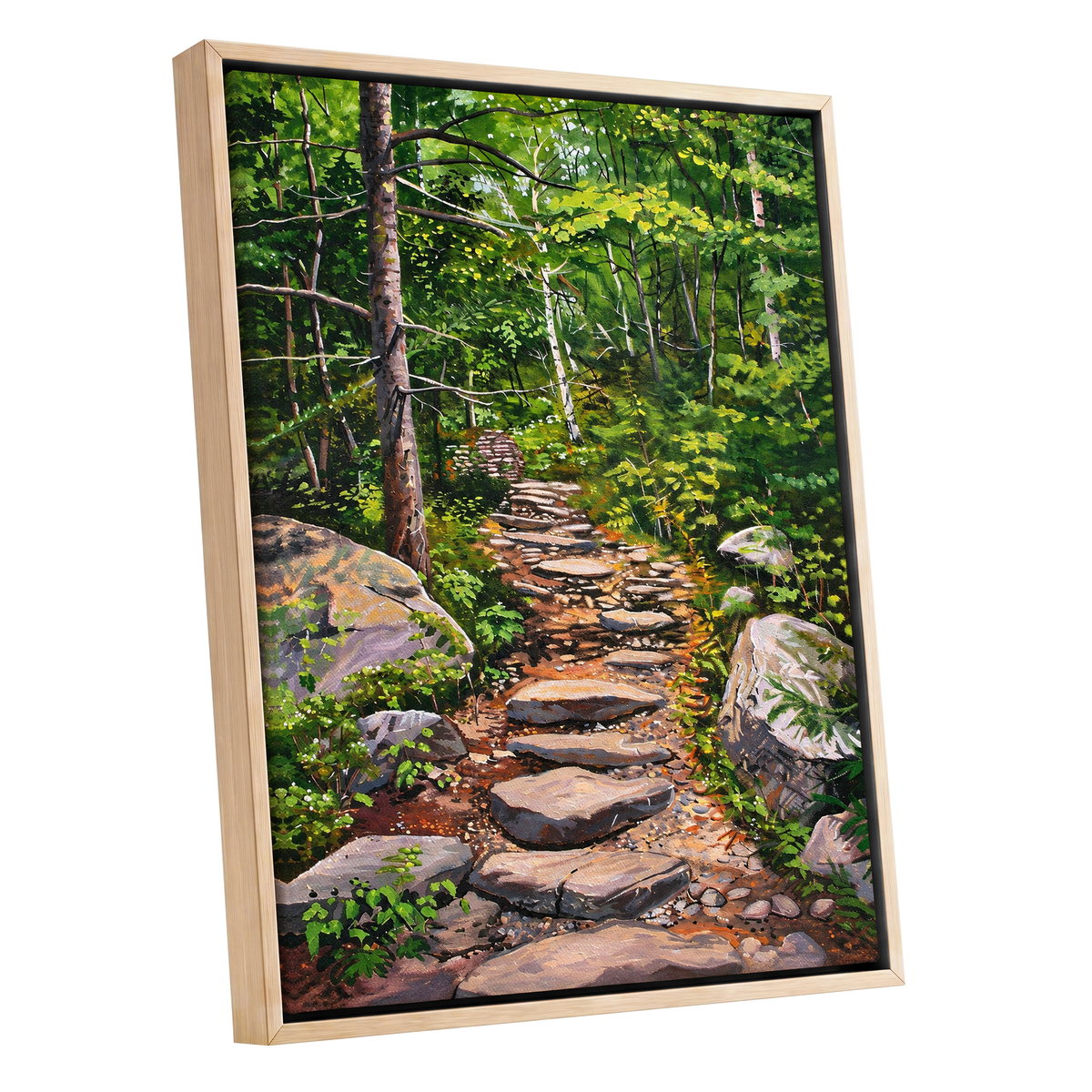 Fernlit Footpath, green, brown, gray nature wall art shown as a oak framed canvas wall art