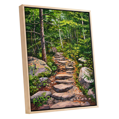 Fernlit Footpath, green, brown, gray nature wall art shown as a oak framed canvas wall art