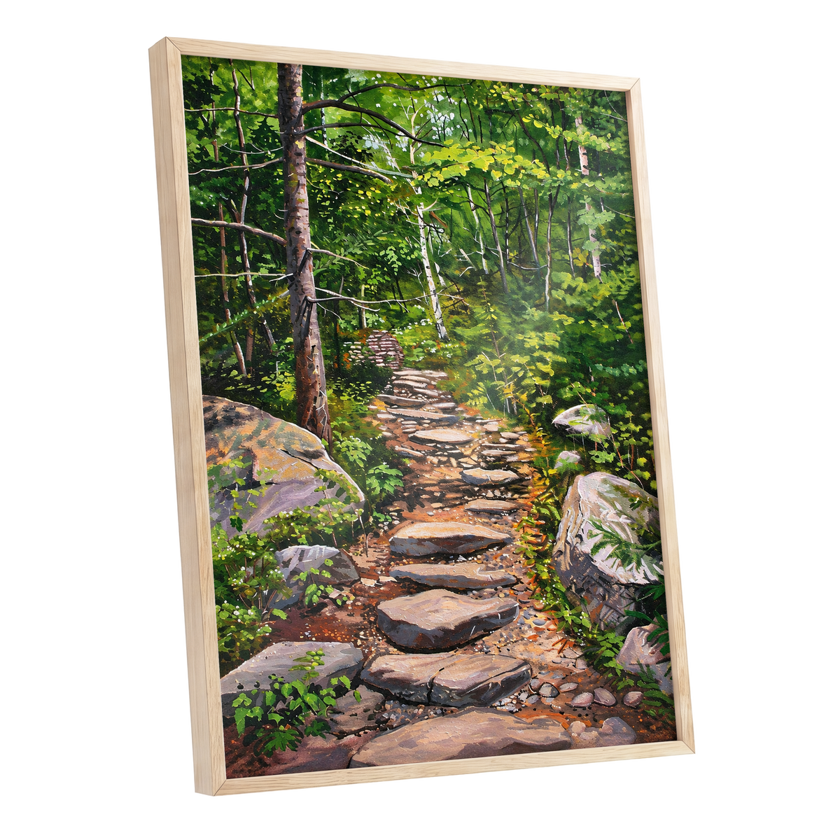 Fernlit Footpath, green, brown, gray nature wall art shown as a oak framed poster wall art print