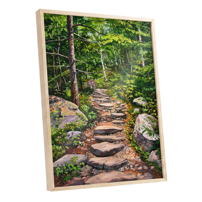 Fernlit Footpath, green, brown, gray nature wall art shown as a oak framed poster wall art print