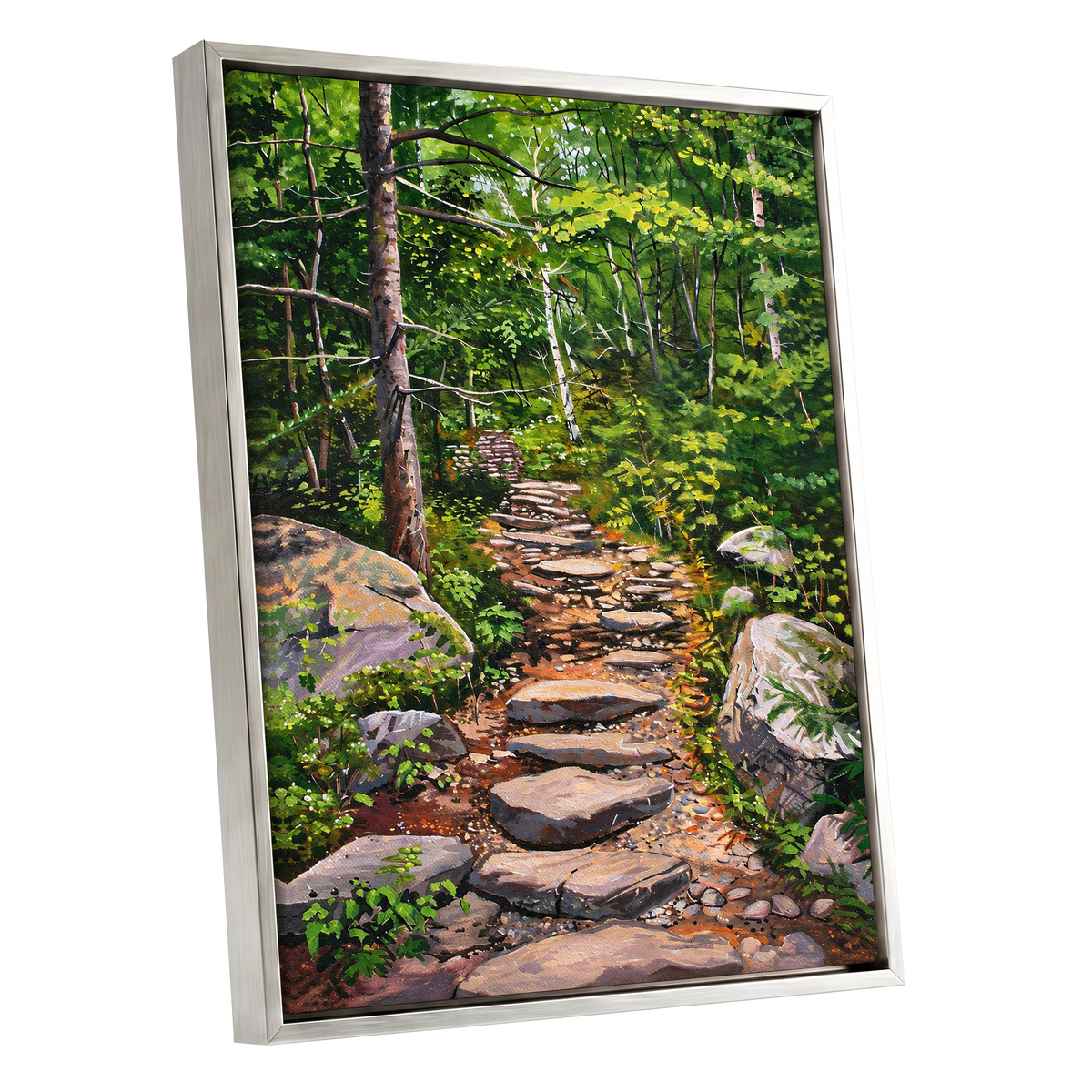 Fernlit Footpath, green, brown, gray nature wall art shown as a silver framed canvas wall art