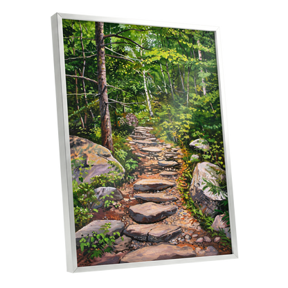 Fernlit Footpath, green, brown, gray nature wall art shown as a silver framed poster wall art print