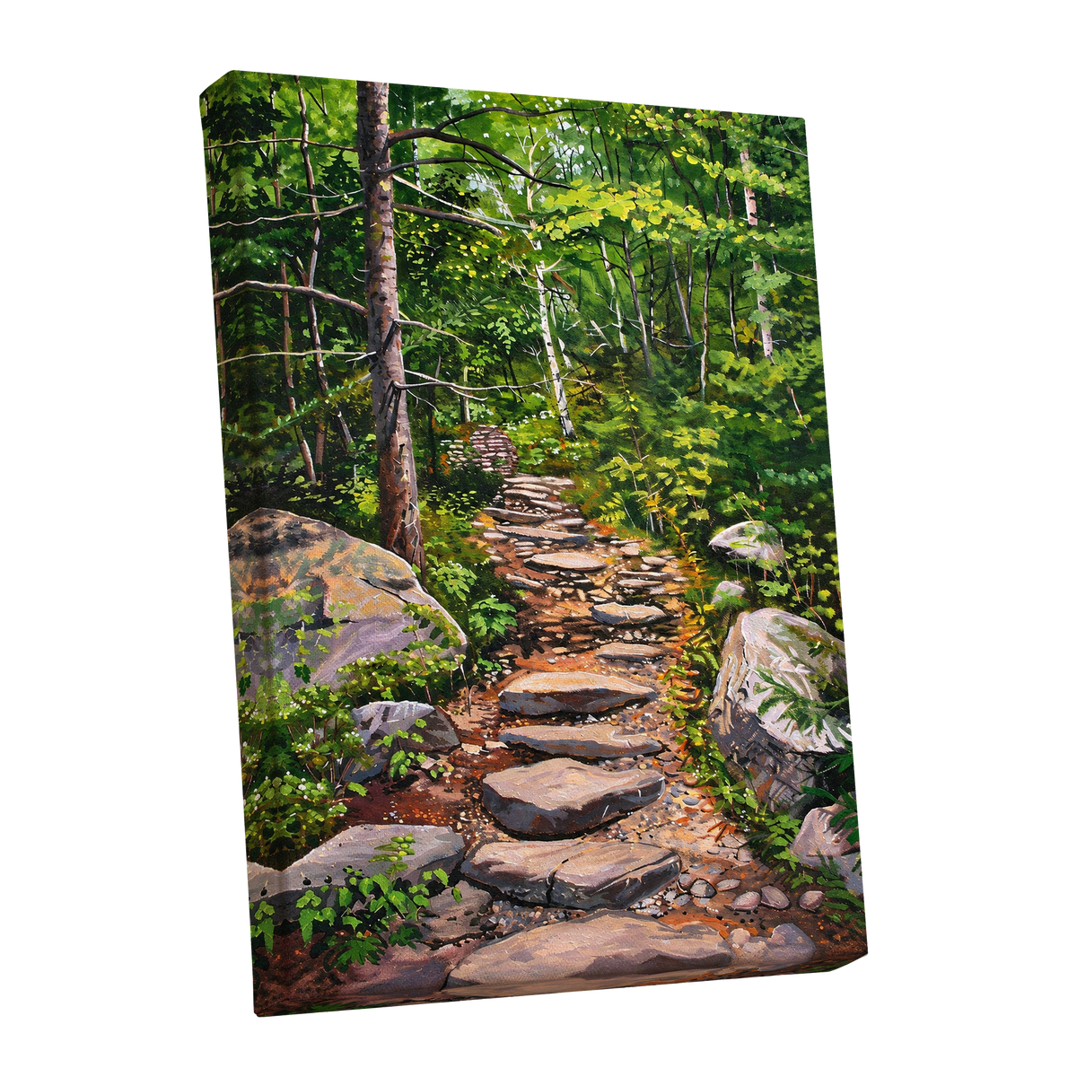 Fernlit Footpath, green, brown, gray nature wall art shown as a stretched canvas wall art