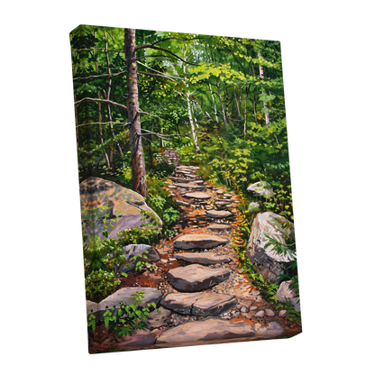 Fernlit Footpath, green, brown, gray nature wall art shown as a stretched canvas wall art