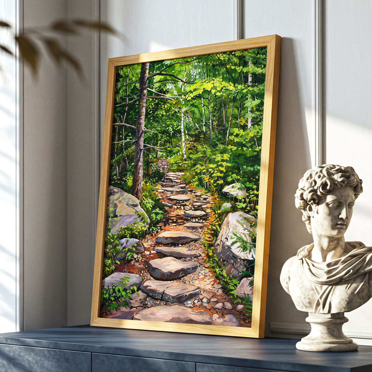 Fernlit Footpath, green, brown, gray nature wall art displayed in a styled interior, gallery view 2