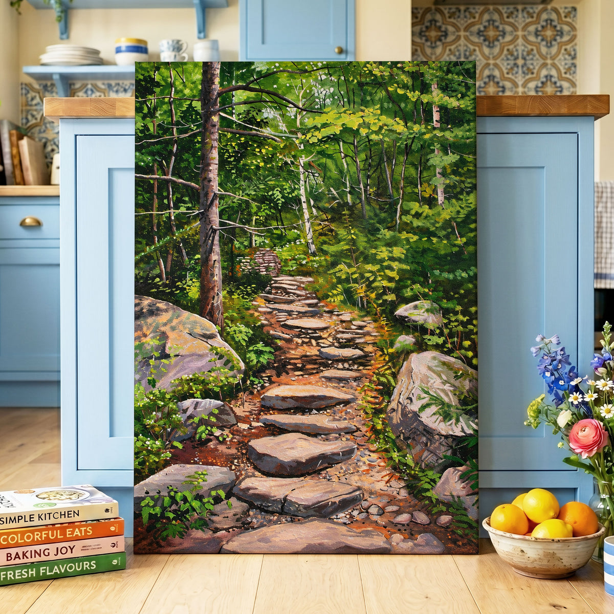 Fernlit Footpath, green, brown, gray nature wall art displayed in a styled interior, gallery view 3