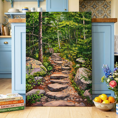 Fernlit Footpath, green, brown, gray nature wall art displayed in a styled interior, gallery view 3
