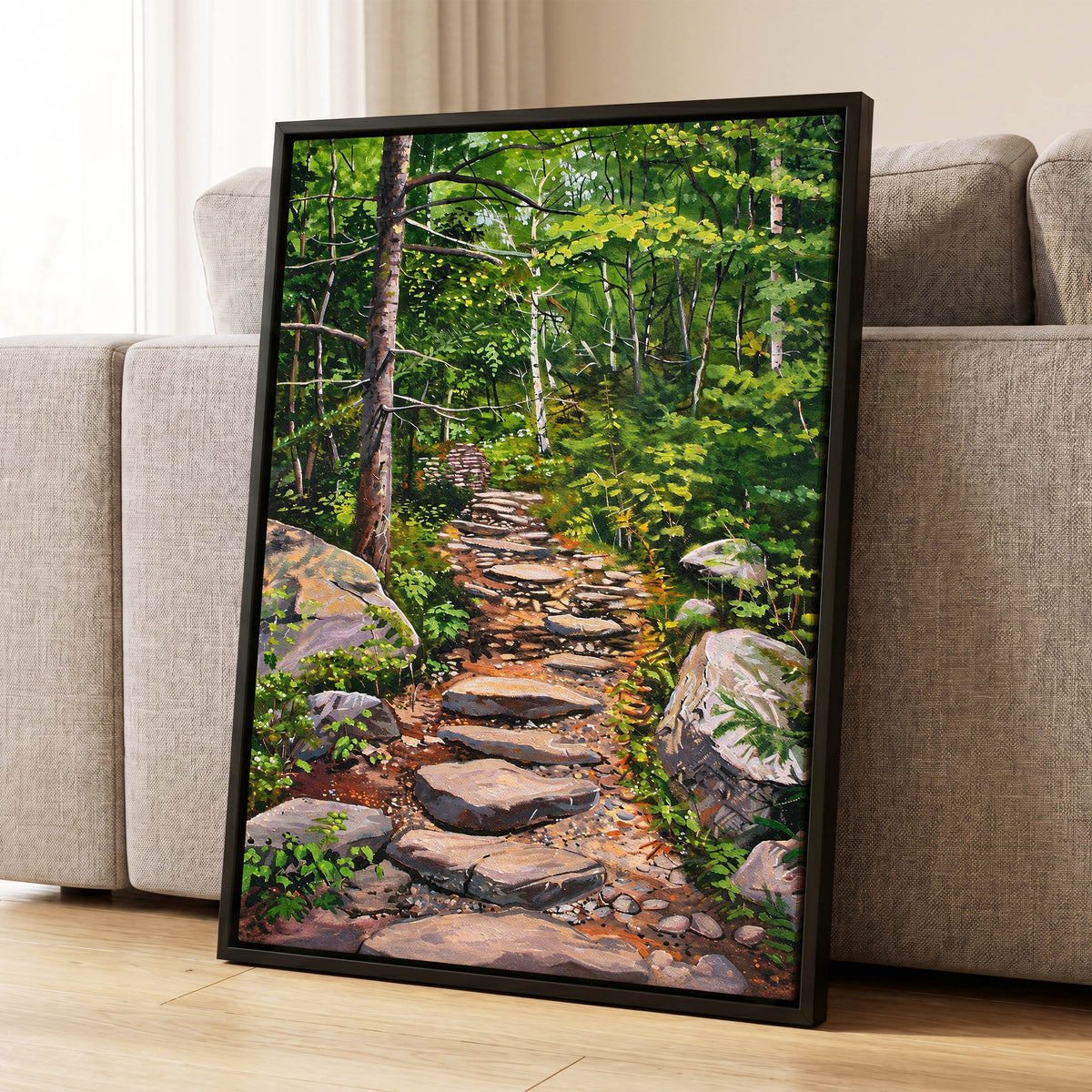 Fernlit Footpath, green, brown, gray nature wall art displayed in a styled interior, gallery view 4