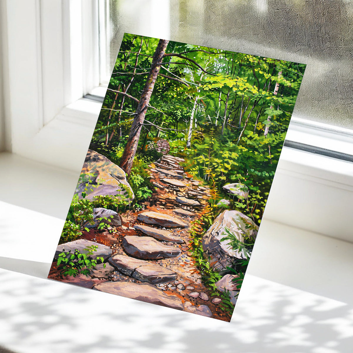 Fernlit Footpath, green, brown, gray nature wall art displayed in a styled interior, gallery view 5