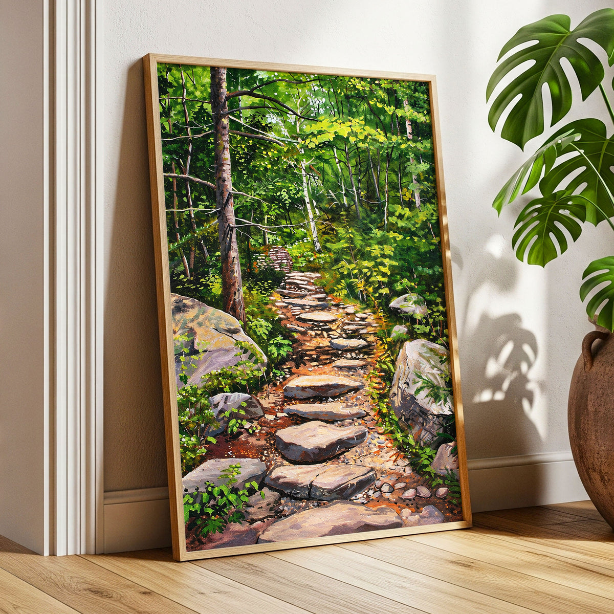 Fernlit Footpath, green, brown, gray nature wall art displayed in a styled interior, gallery view 6