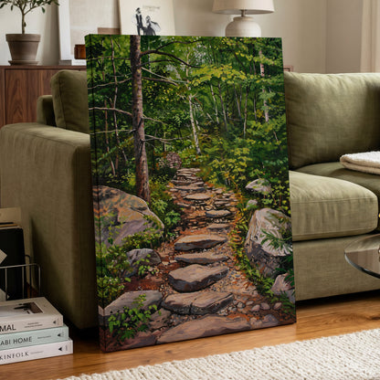 Fernlit Footpath, green, brown, gray nature wall art displayed in a styled interior, gallery view 7