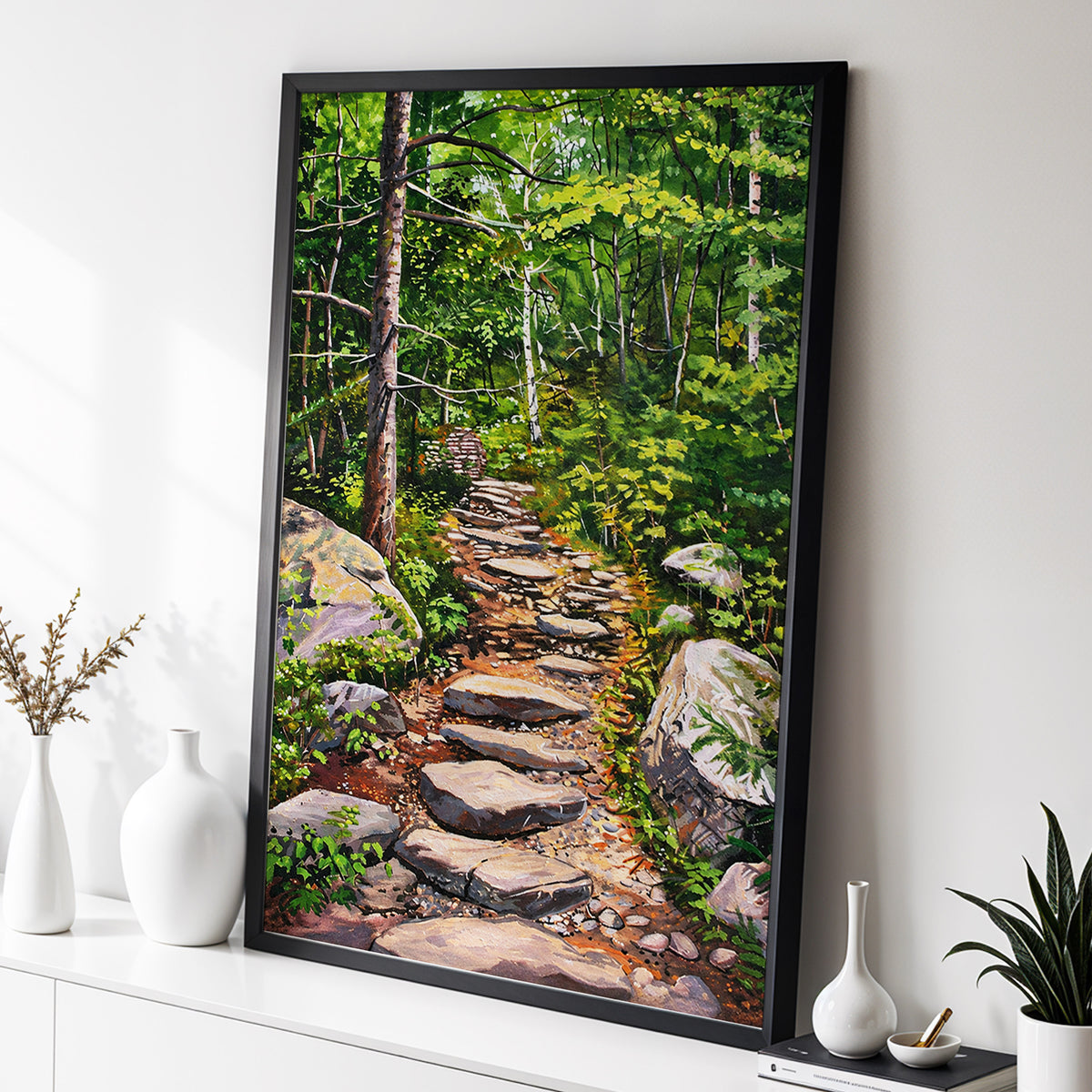 Fernlit Footpath, green, brown, gray nature wall art displayed in a styled interior, gallery view 9