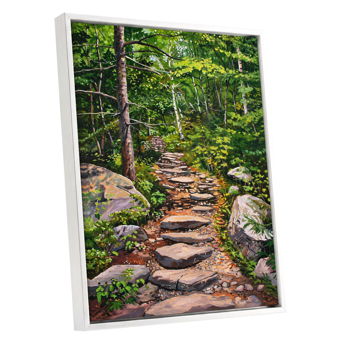 Fernlit Footpath, green, brown, gray nature wall art shown as a white framed canvas wall art