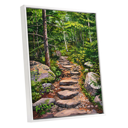 Fernlit Footpath, green, brown, gray nature wall art shown as a white framed canvas wall art