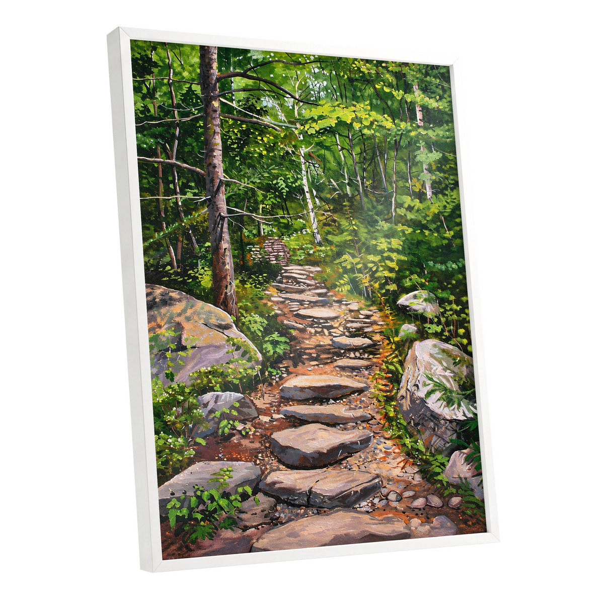 Fernlit Footpath, green, brown, gray nature wall art shown as a white framed poster wall art print