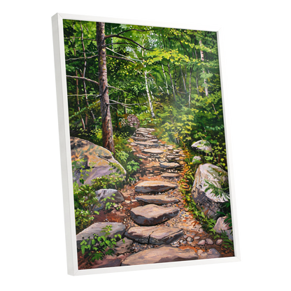 Fernlit Footpath, green, brown, gray nature wall art shown as a white framed poster wall art print