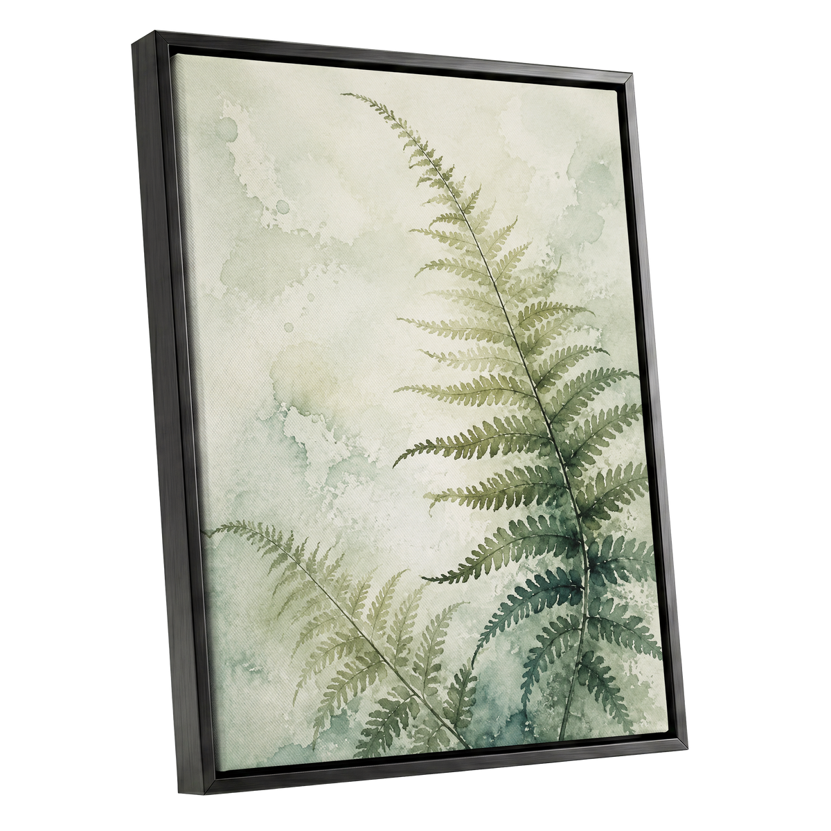 Ferns in Pale Mist, green, beige, white nature wall art shown as a black framed canvas wall art